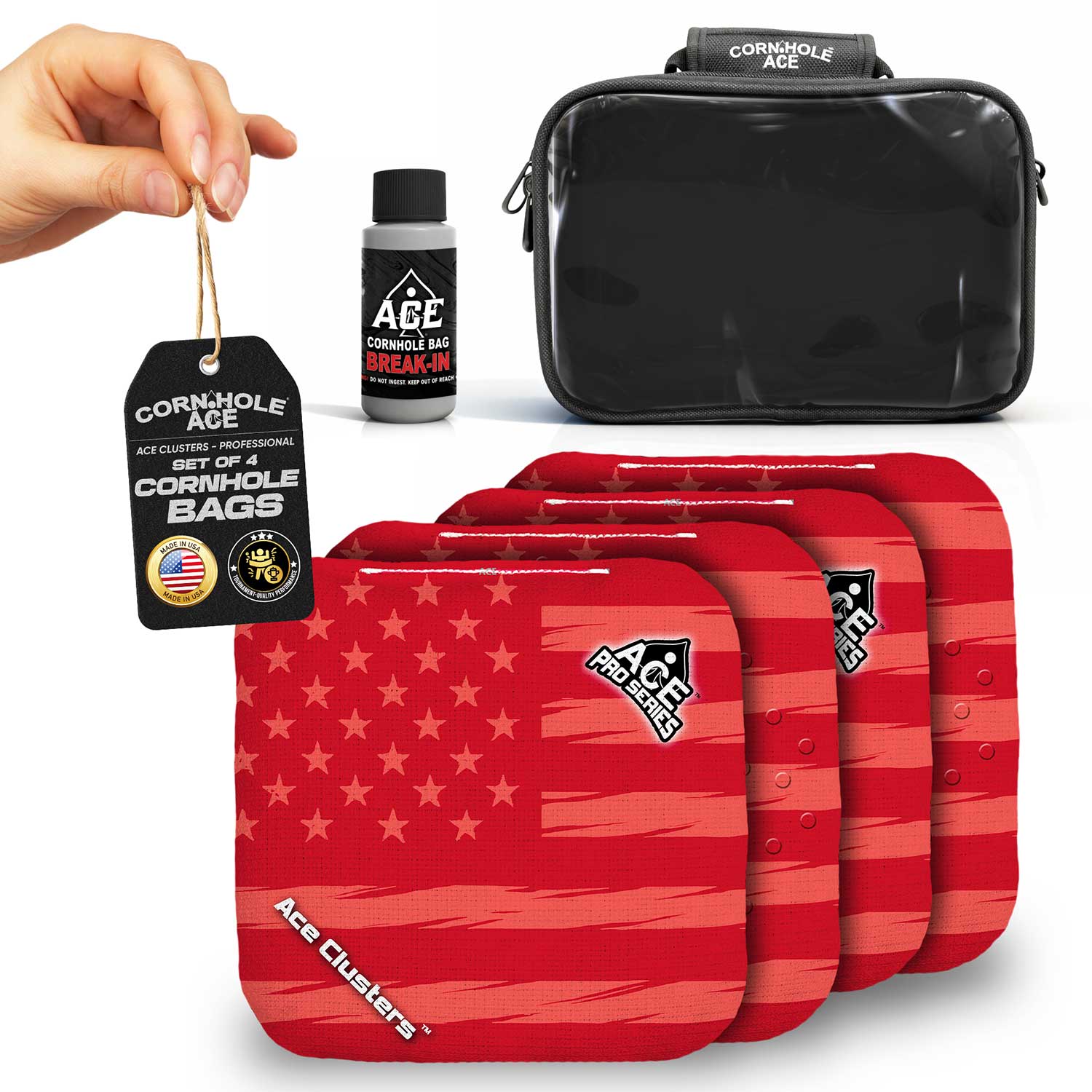 こり ACEesグッズ ACE Clusters Red USA Flag Cornhole Bag Kit | 4 Bags + Break-In Kit