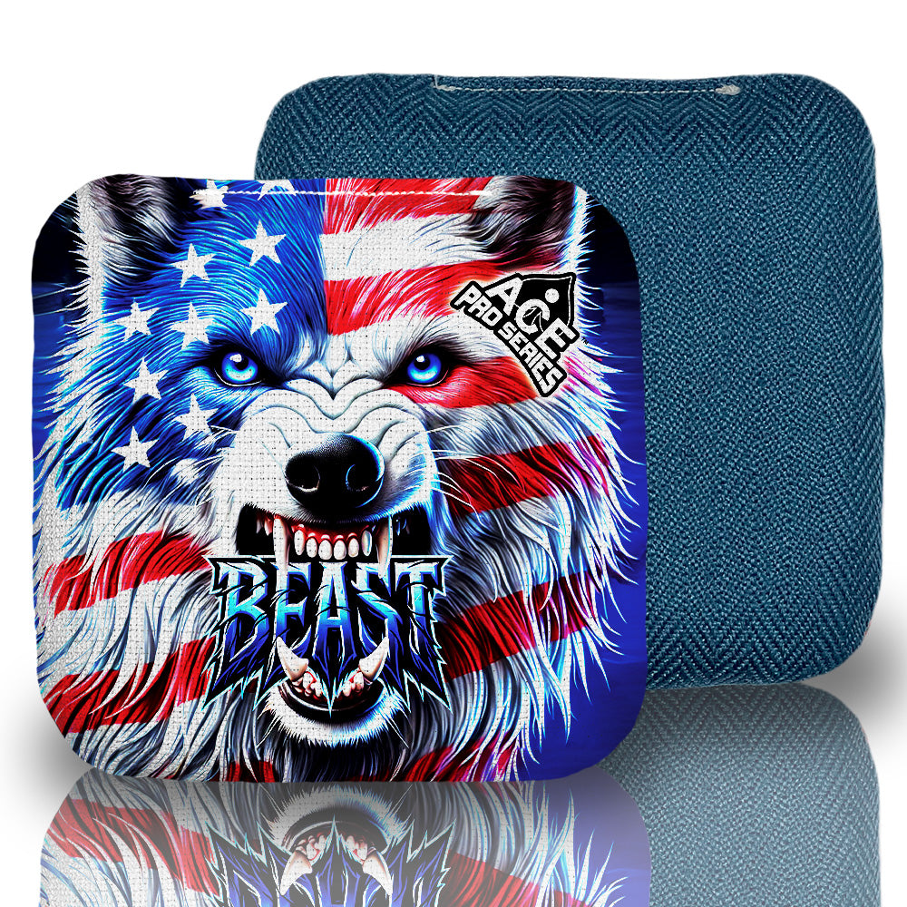 BEAST Navy Blue Wolf USA Flag Carpet Cornhole Bags | Set of 4