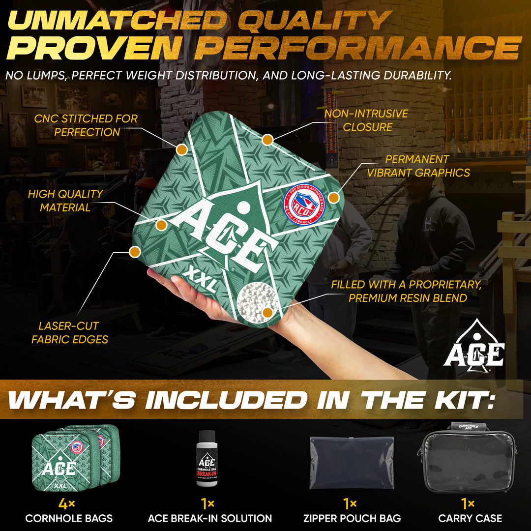 ACE XXL Series - Green Carpet - ACO Pro Approved Cornhole Bags - Bag Kit: 4 Pro Bags (5/9 Speed)