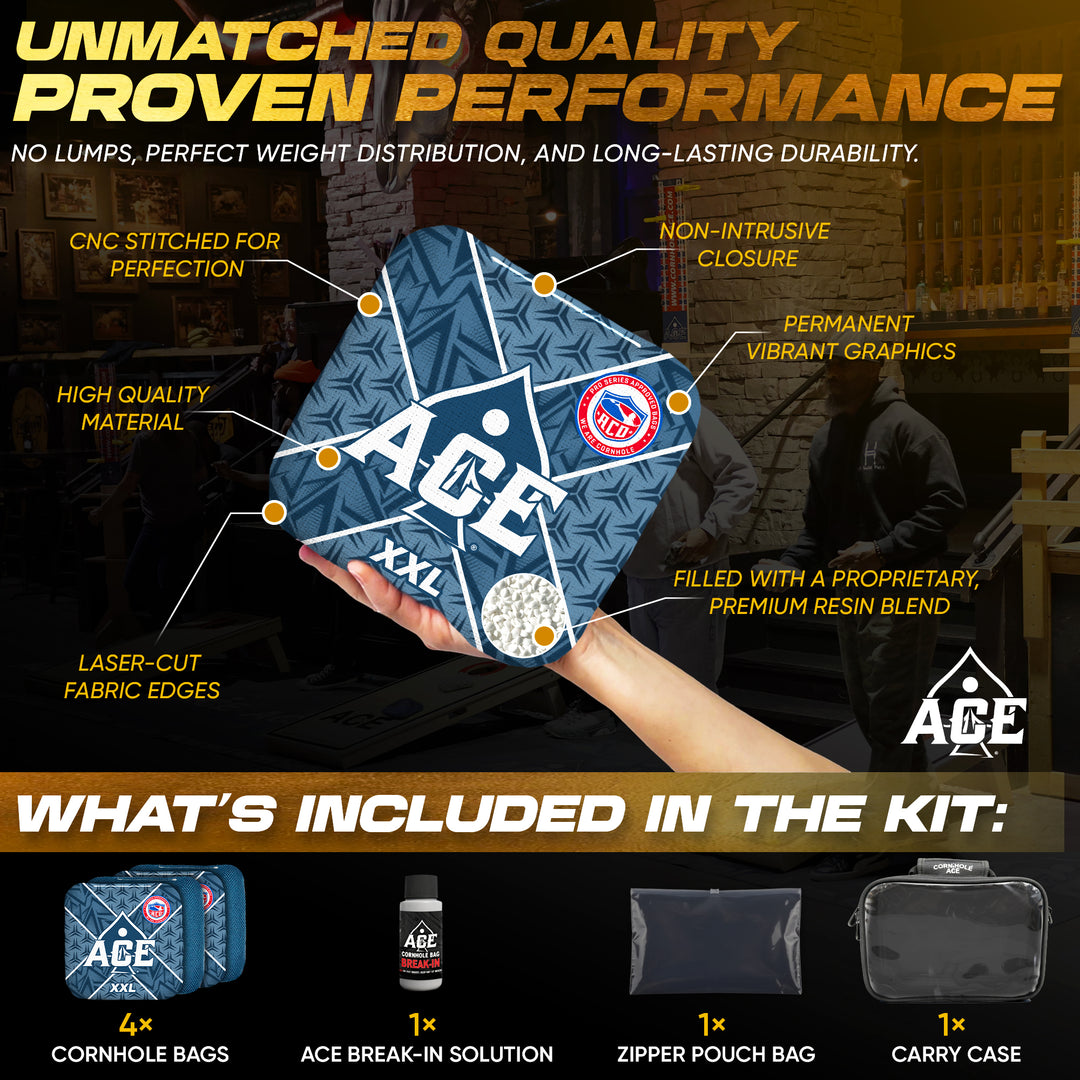 ACE XXL Series - Navy Blue Carpet - ACO Pro Approved Cornhole Bags - Bag Kit: 4 Pro Bags (5/9 Speed)