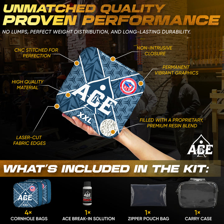 ACE XXL Series - Navy Blue Carpet - ACO Pro Approved Cornhole Bags - Bag Kit: 4 Pro Bags (5/9 Speed)