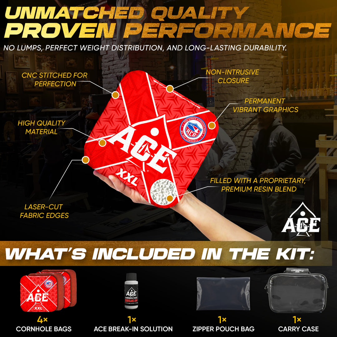 ACE XXL Series - Red Carpet - ACO Pro Approved Cornhole Bags - Bag Kit: 4 Pro Bags (5/9 Speed)