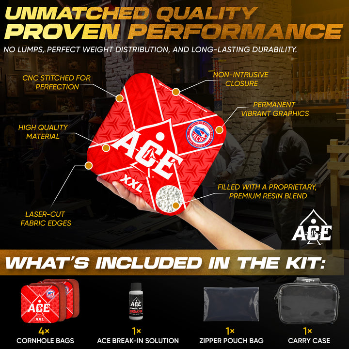ACE XXL Series - Red Carpet - ACO Pro Approved Cornhole Bags - Bag Kit: 4 Pro Bags (5/9 Speed)