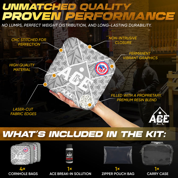 ACE XXL Series - Silver Carpet - ACO Pro Approved Cornhole Bags - Bag Kit: 4 Pro Bags (5/9 Speed)