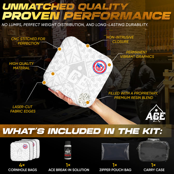 ACE XXL Series - White Carpet - ACO Pro Approved Cornhole Bags - Bag Kit: 4 Pro Bags (5/9 Speed)