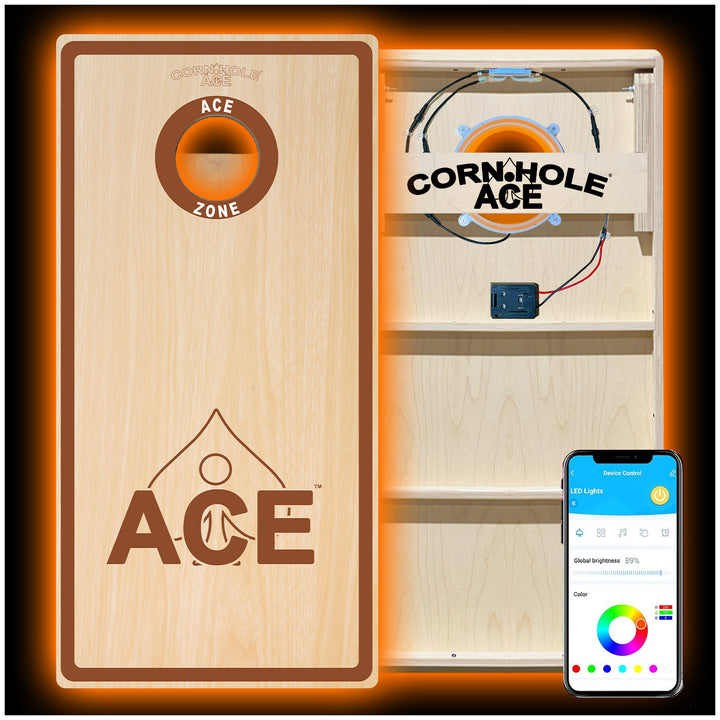 ACE Zone - Brown - Cornhole Board Set - Professional - With Pro Light Kit