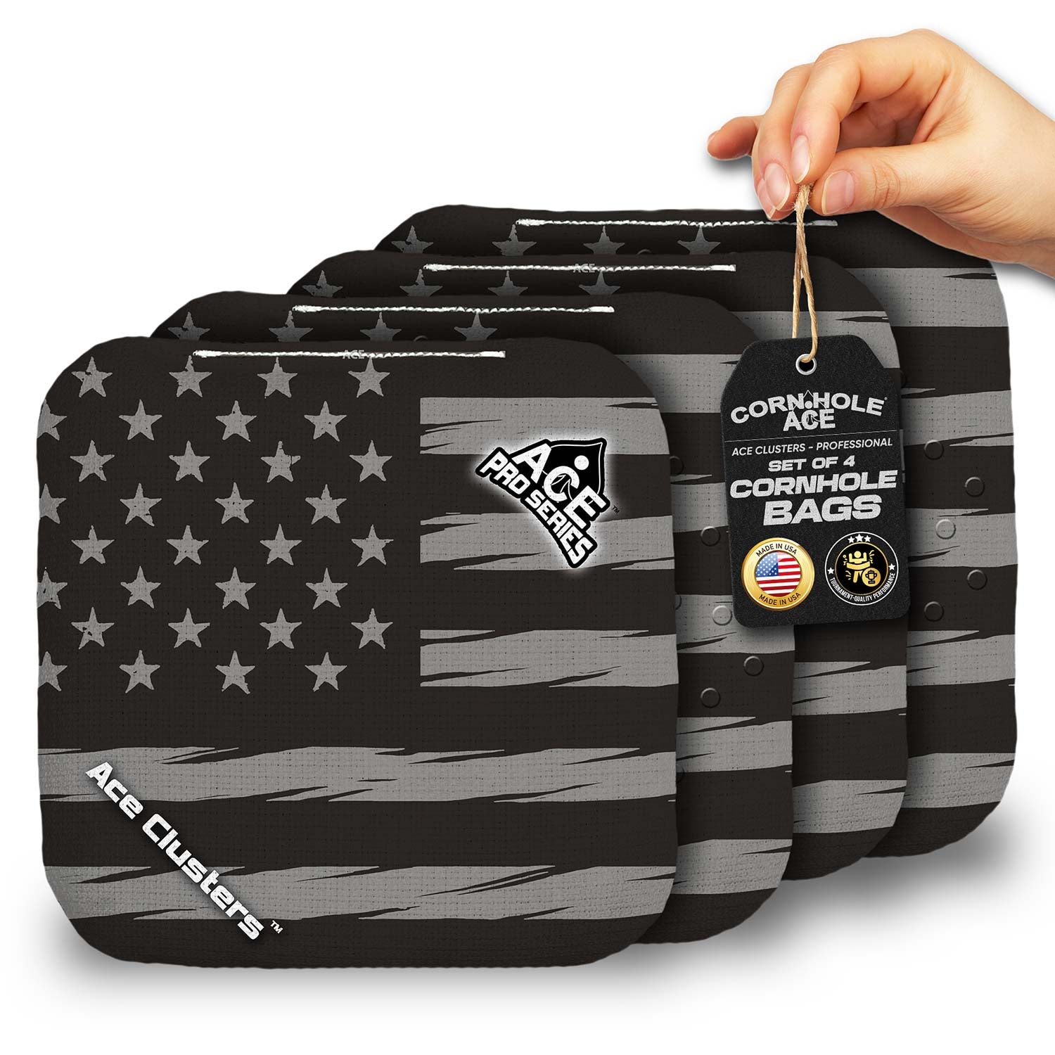 アブラーズ　4 of US ACE Clusters Black USA Flag Cornhole Bags | ACE Pro Stamped, Set