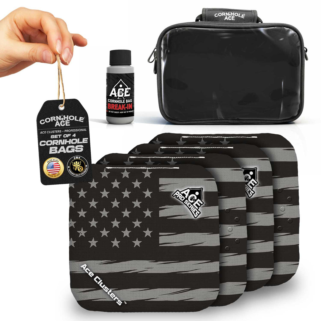 ACE Clusters Black USA Flag ACE Pro cornhole bags set of four with bold front graphics alternate view