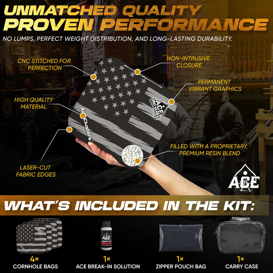 ACE Clusters Black USA Flag ACE Pro cornhole bags angled stack showing fabric texture alternate view