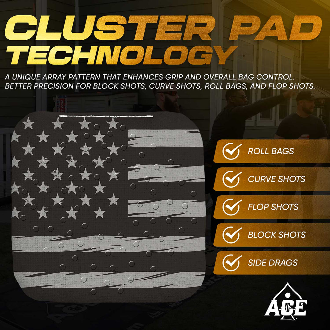 ACE Clusters Black USA Flag ACE Pro cornhole bags angled stack showing fabric texture