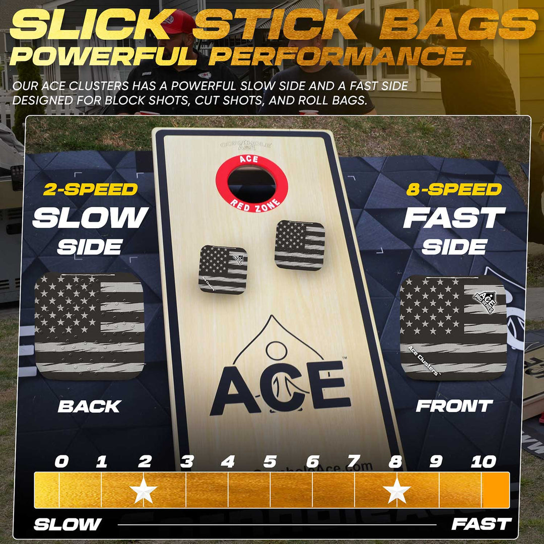 ACE Clusters Black USA Flag ACE Pro cornhole bags close-up with stitched seams and logo