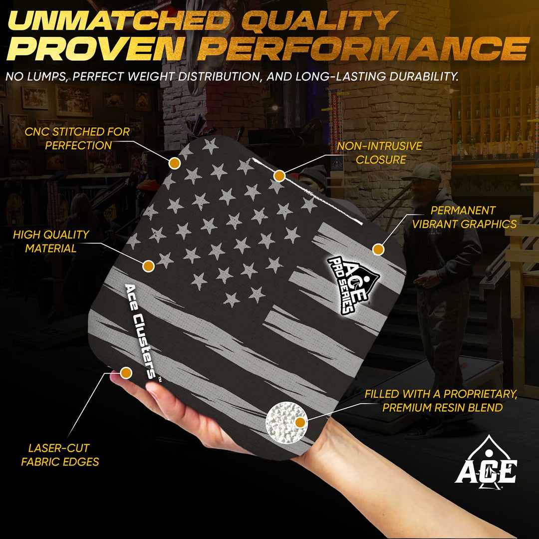 ACE Clusters Black USA Flag ACE Pro cornhole bags alternate side with coordinated graphic pattern