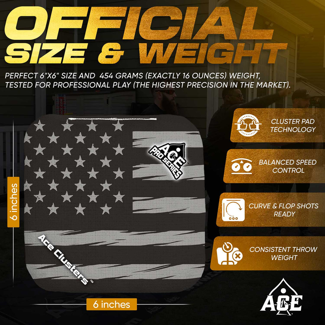 ACE Clusters Black USA Flag ACE Pro cornhole bags organized set layout with matching designs