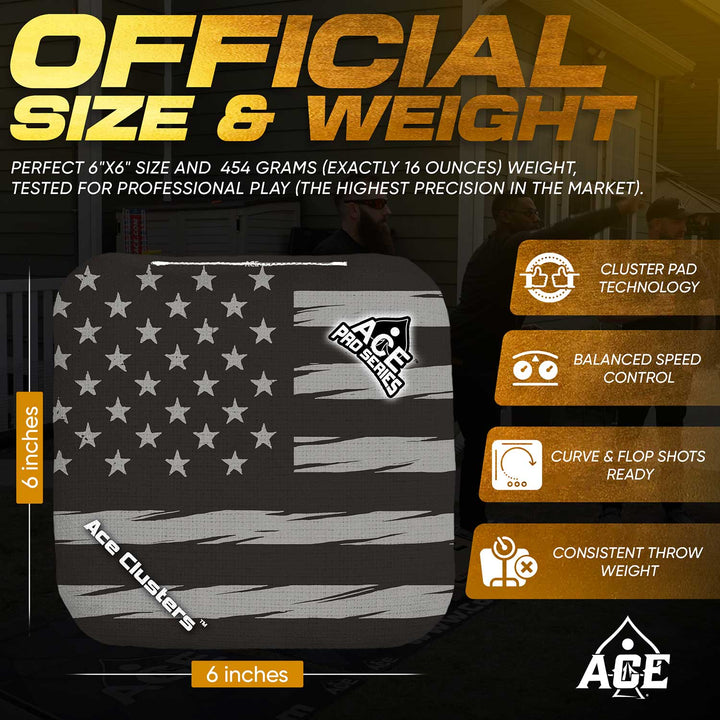ACE Clusters Black USA Flag ACE Pro cornhole bags organized set layout with matching designs