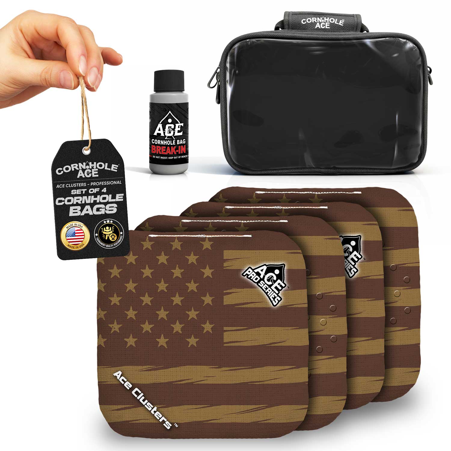 ACE Clusters Brown USA Flag Cornhole Bag Kit | 4 Bags + Break-In