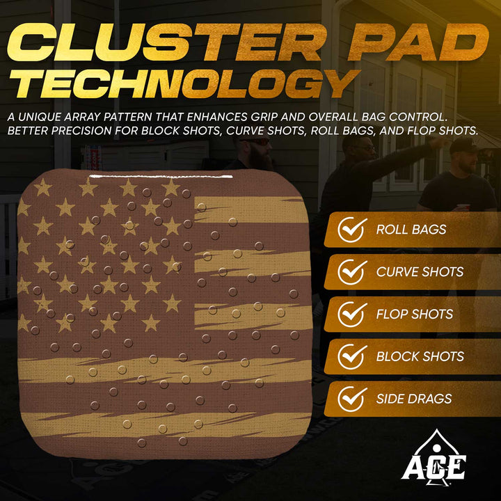 ACE Clusters Brown USA Flag ACE Pro cornhole bags angled stack showing fabric texture