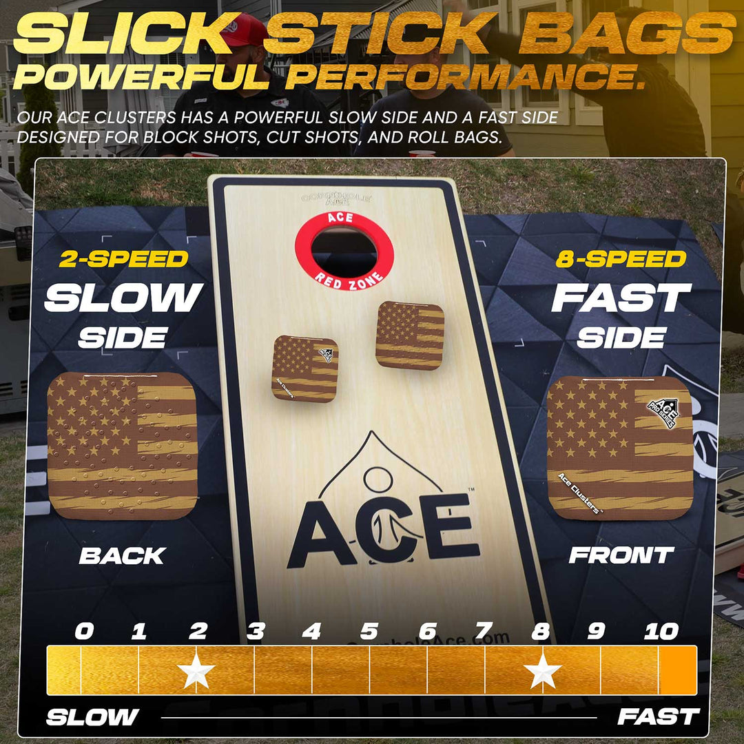 ACE Clusters Brown USA Flag ACE Pro cornhole bags close-up with stitched seams and logo