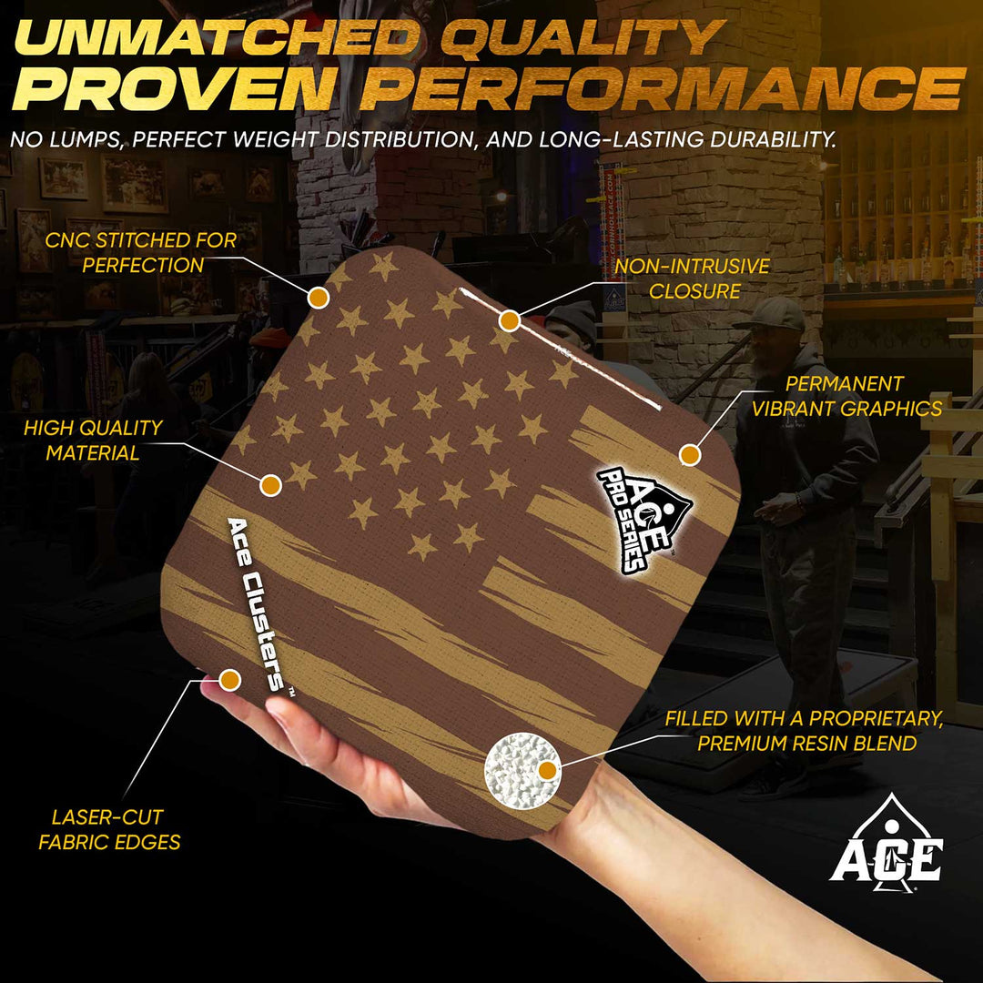ACE Clusters Brown USA Flag ACE Pro cornhole bags alternate side with coordinated graphic pattern