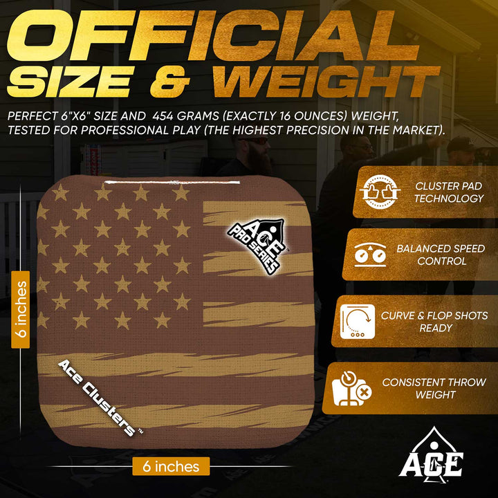 ACE Clusters Brown USA Flag ACE Pro cornhole bags organized set layout with matching designs