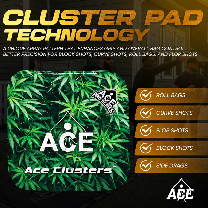 ACE Clusters Cannabis ACE Pro cornhole bags angled stack showing fabric texture