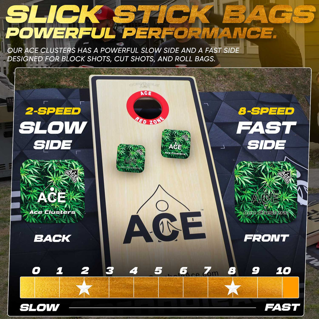 ACE Clusters Cannabis ACE Pro cornhole bags close-up with stitched seams and logo