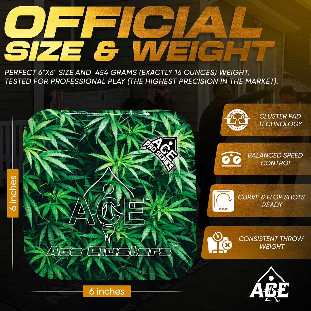 ACE Clusters Cannabis ACE Pro cornhole bags organized set layout with matching designs