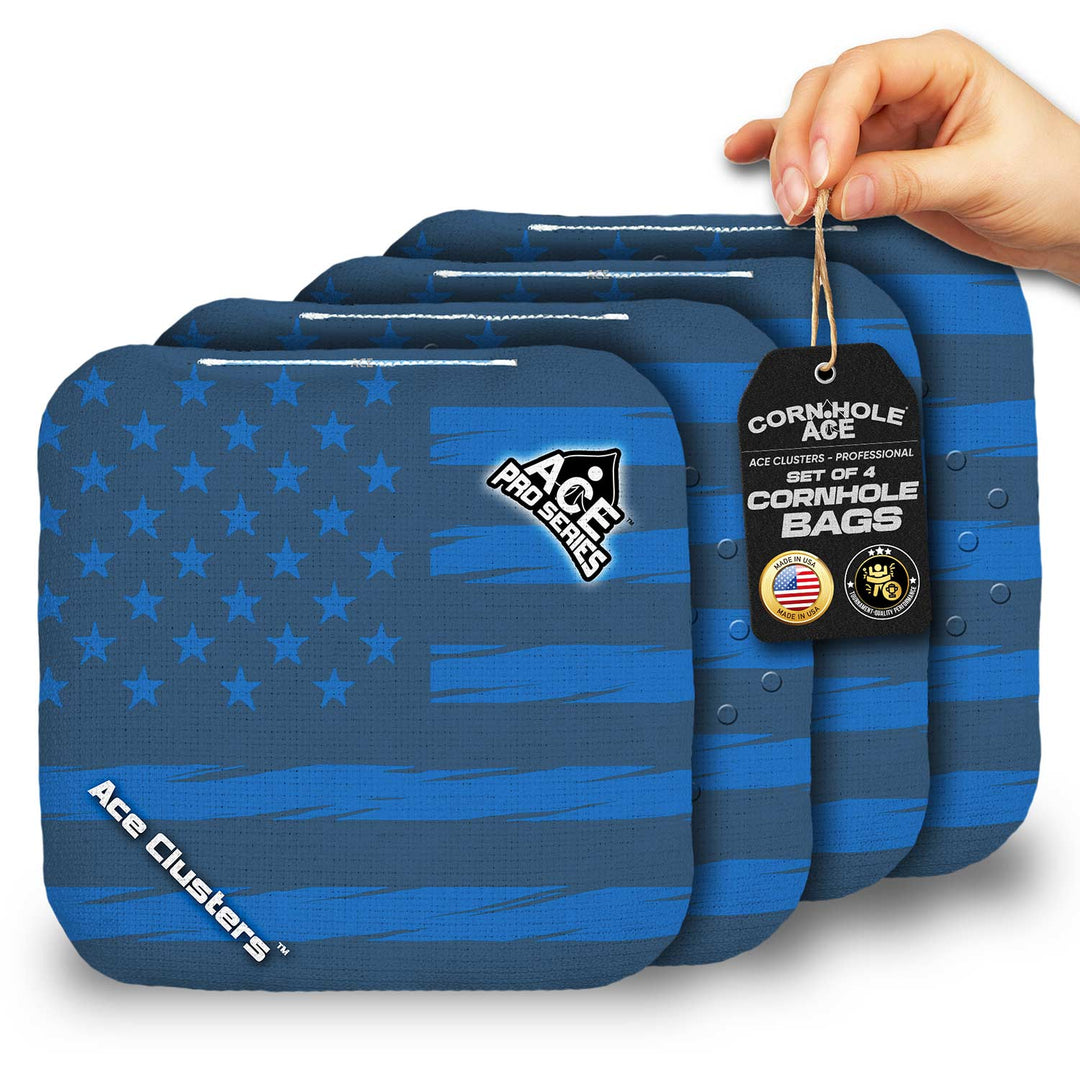 ACE Clusters Dark Blue USA Flag ACE Pro cornhole bags set of four with bold front graphics