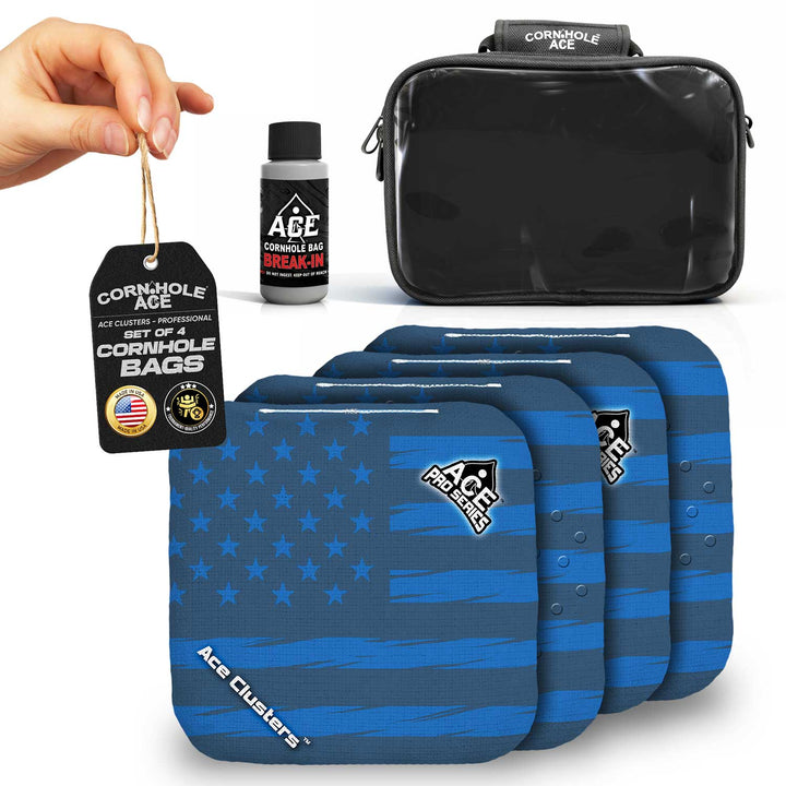 ACE Clusters Dark Blue USA Flag ACE Pro cornhole bags set of four with bold front graphics alternate