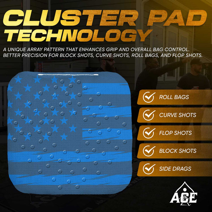 ACE Clusters Dark Blue USA Flag ACE Pro cornhole bags angled stack showing fabric texture