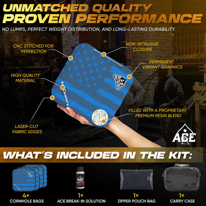ACE Clusters Dark Blue USA Flag ACE Pro cornhole bags angled stack showing fabric texture alternate view