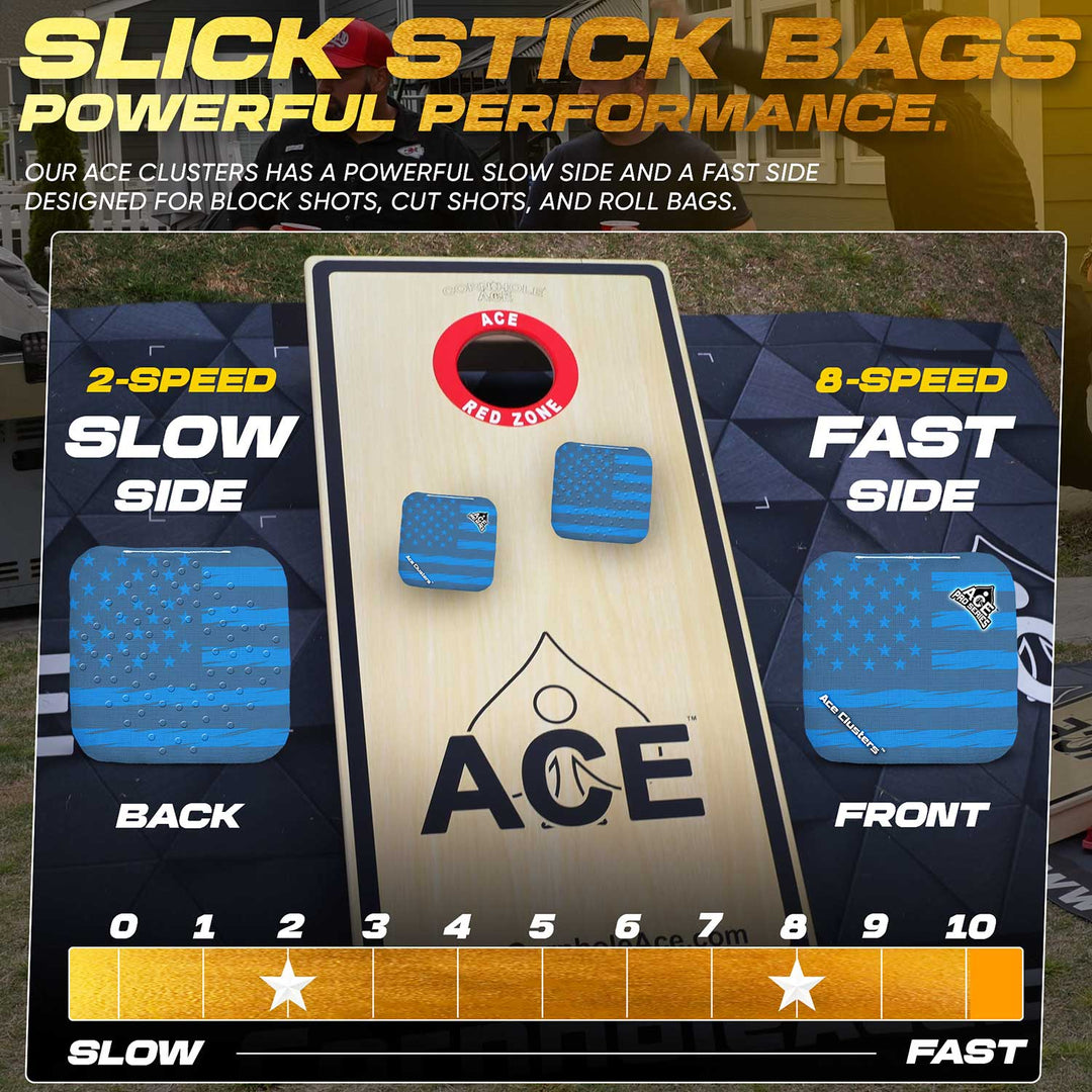 ACE Clusters Dark Blue USA Flag ACE Pro cornhole bags close-up with stitched seams and logo