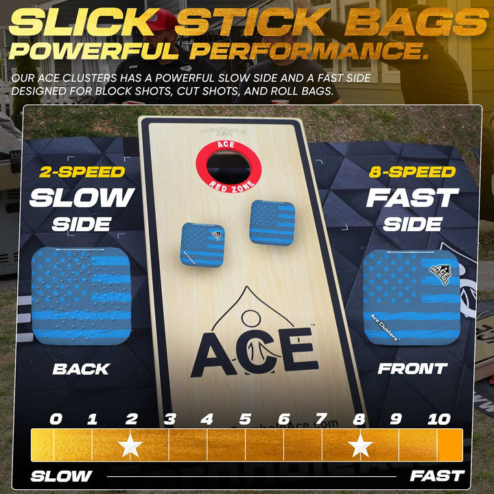 ACE Clusters Dark Blue USA Flag ACE Pro cornhole bags close-up with stitched seams and logo