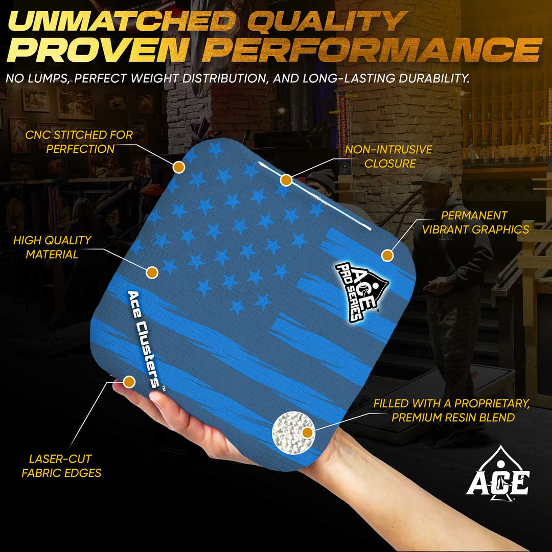ACE Clusters Dark Blue USA Flag ACE Pro cornhole bags alternate side with coordinated graphic pattern