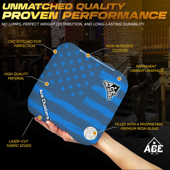ACE Clusters Dark Blue USA Flag ACE Pro cornhole bags alternate side with coordinated graphic pattern