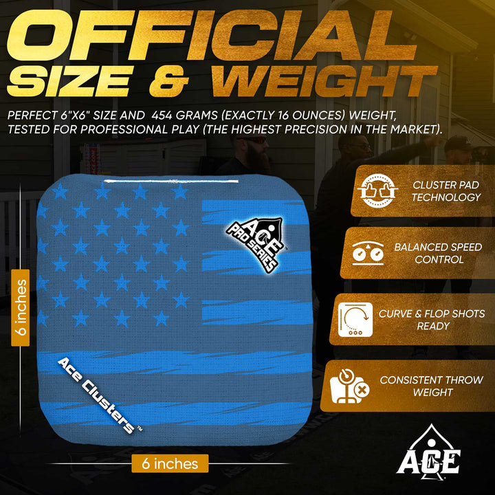ACE Clusters Dark Blue USA Flag ACE Pro cornhole bags organized set layout with matching designs
