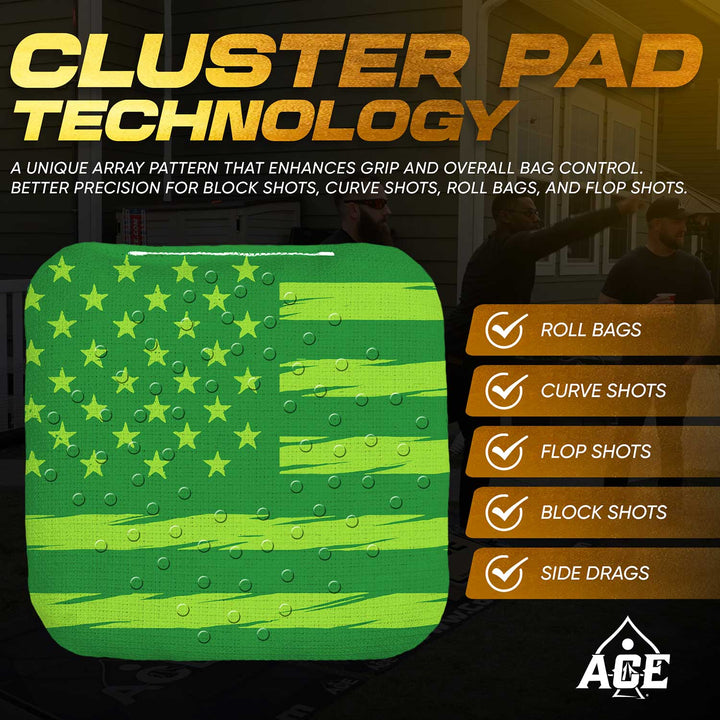 ACE Clusters Green USA Flag ACE Pro cornhole bags angled stack showing fabric texture