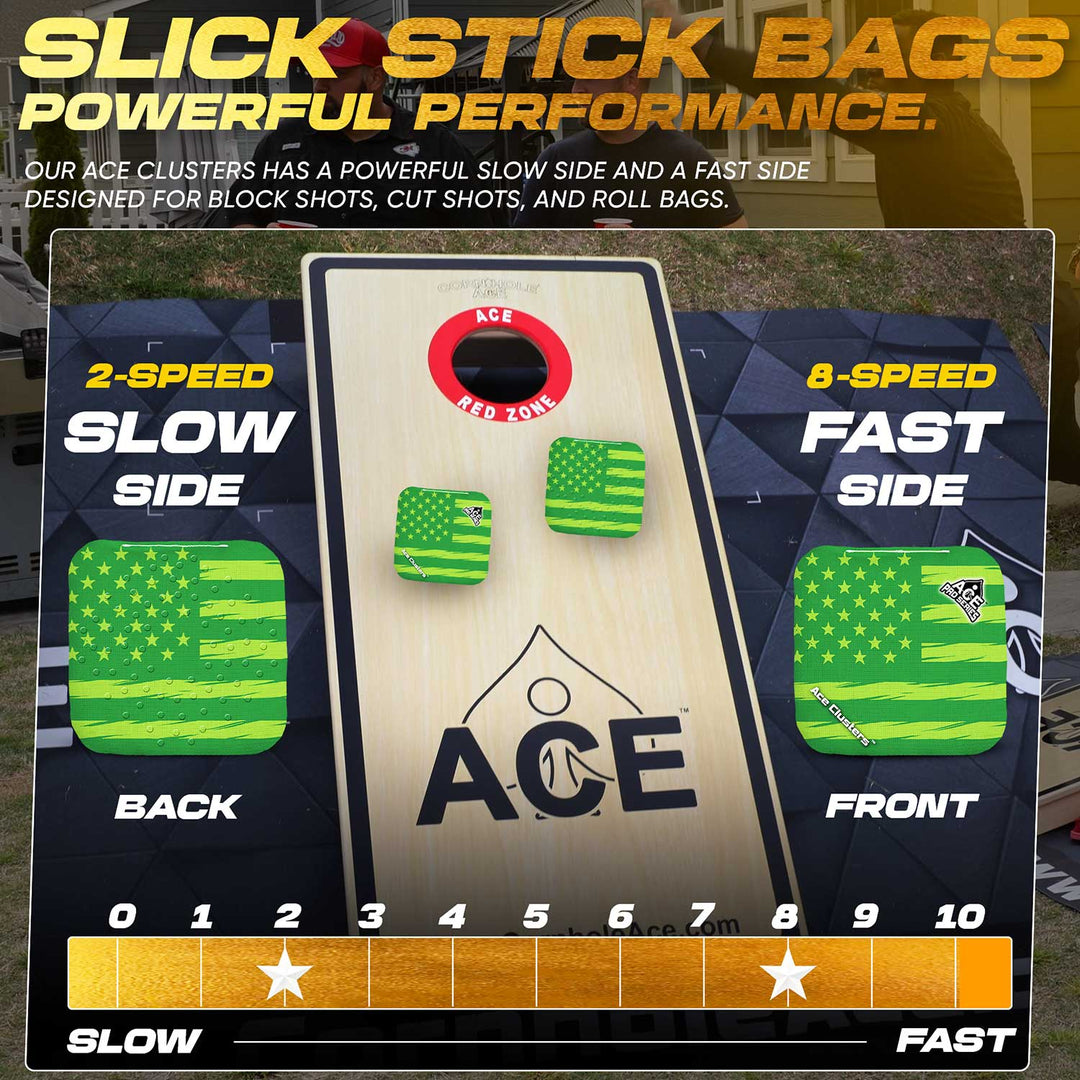 ACE Clusters Green USA Flag ACE Pro cornhole bags close-up with stitched seams and logo