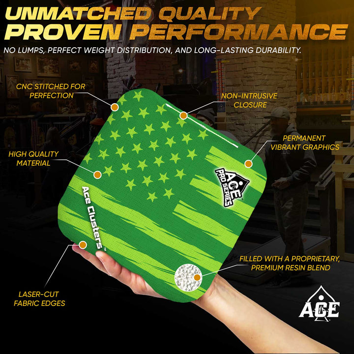 ACE Clusters Green USA Flag ACE Pro cornhole bags alternate side with coordinated graphic pattern