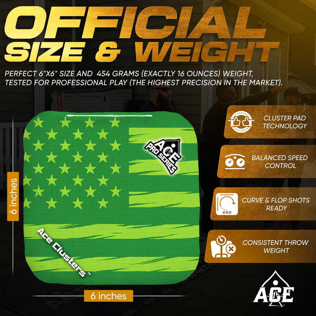 ACE Clusters Green USA Flag ACE Pro cornhole bags organized set layout with matching designs
