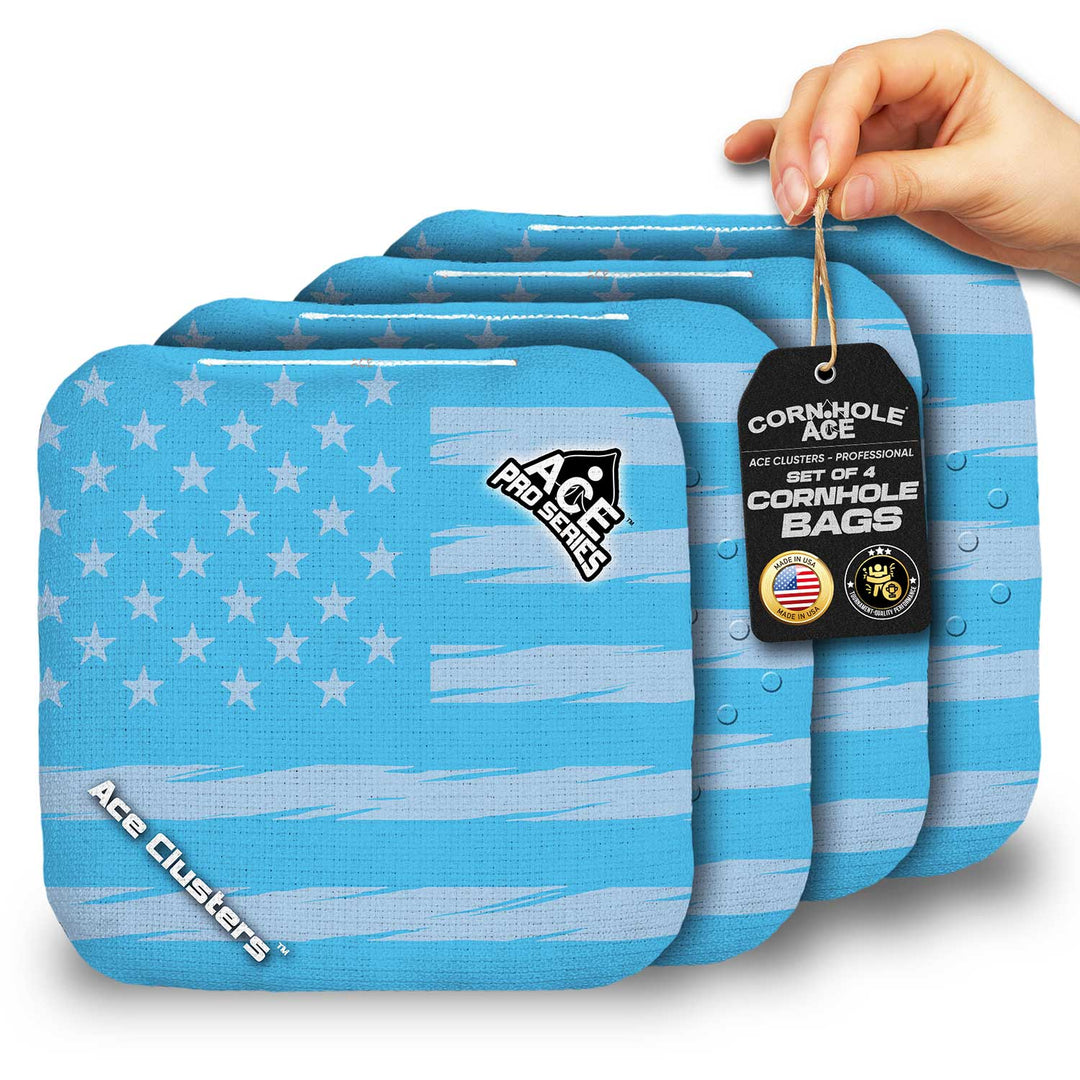 ACE Clusters Light Blue USA Flag ACE Pro cornhole bags set of four with bold front graphics