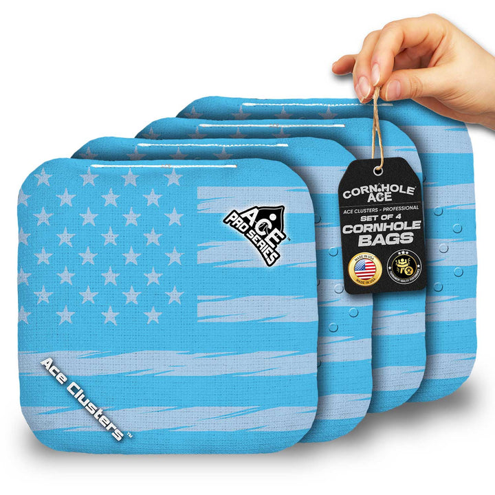 ACE Clusters Light Blue USA Flag ACE Pro cornhole bags set of four with bold front graphics