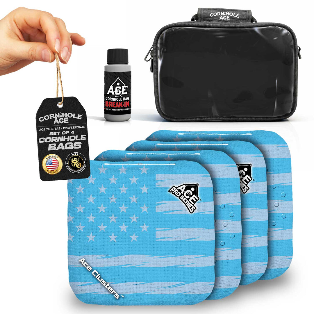 ACE Clusters Light Blue USA Flag ACE Pro cornhole bags set of four with bold front graphics alternate
