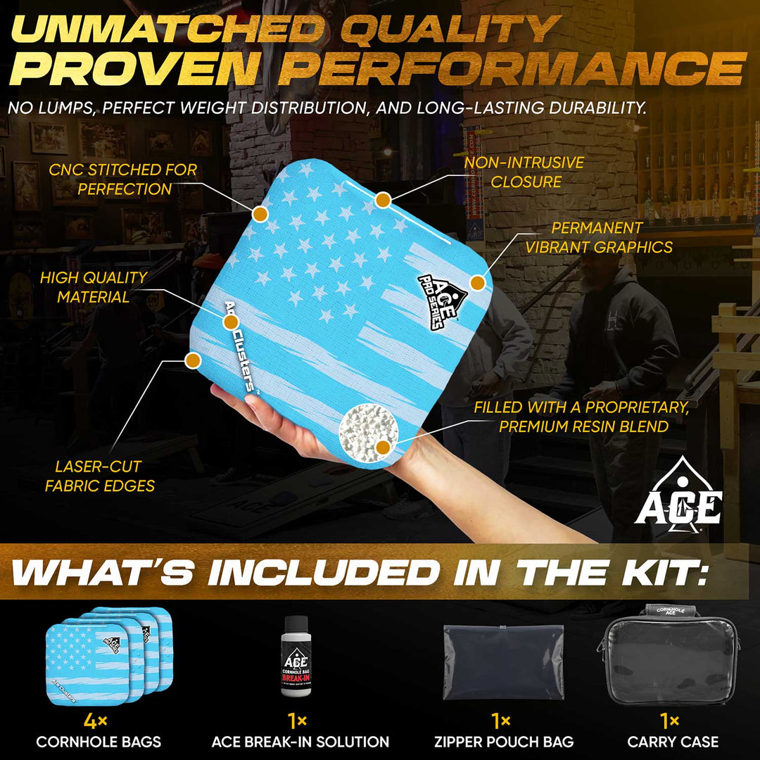 ACE Clusters Light Blue USA Flag ACE Pro cornhole bags angled stack showing fabric texture alternate view