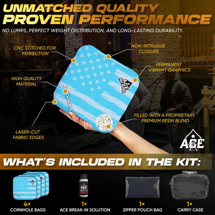 ACE Clusters Light Blue USA Flag ACE Pro cornhole bags angled stack showing fabric texture alternate view