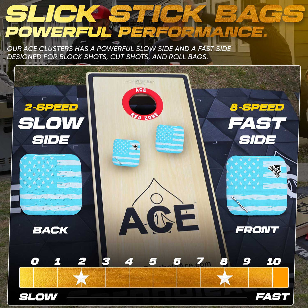 ACE Clusters Light Blue USA Flag ACE Pro cornhole bags close-up with stitched seams and logo