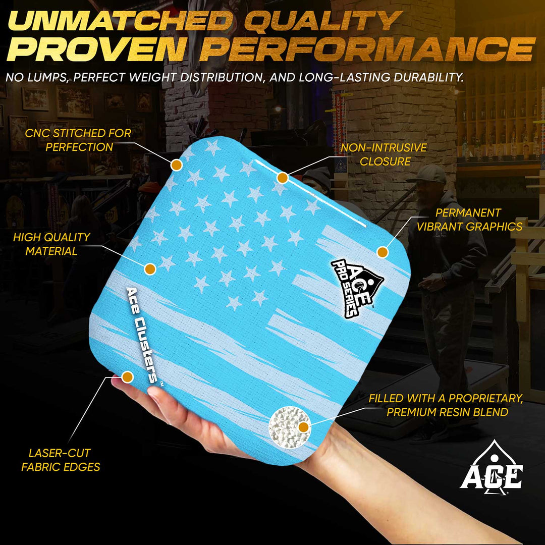 ACE Clusters Light Blue USA Flag ACE Pro cornhole bags alternate side with coordinated graphic pattern