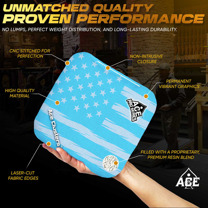 ACE Clusters Light Blue USA Flag ACE Pro cornhole bags alternate side with coordinated graphic pattern