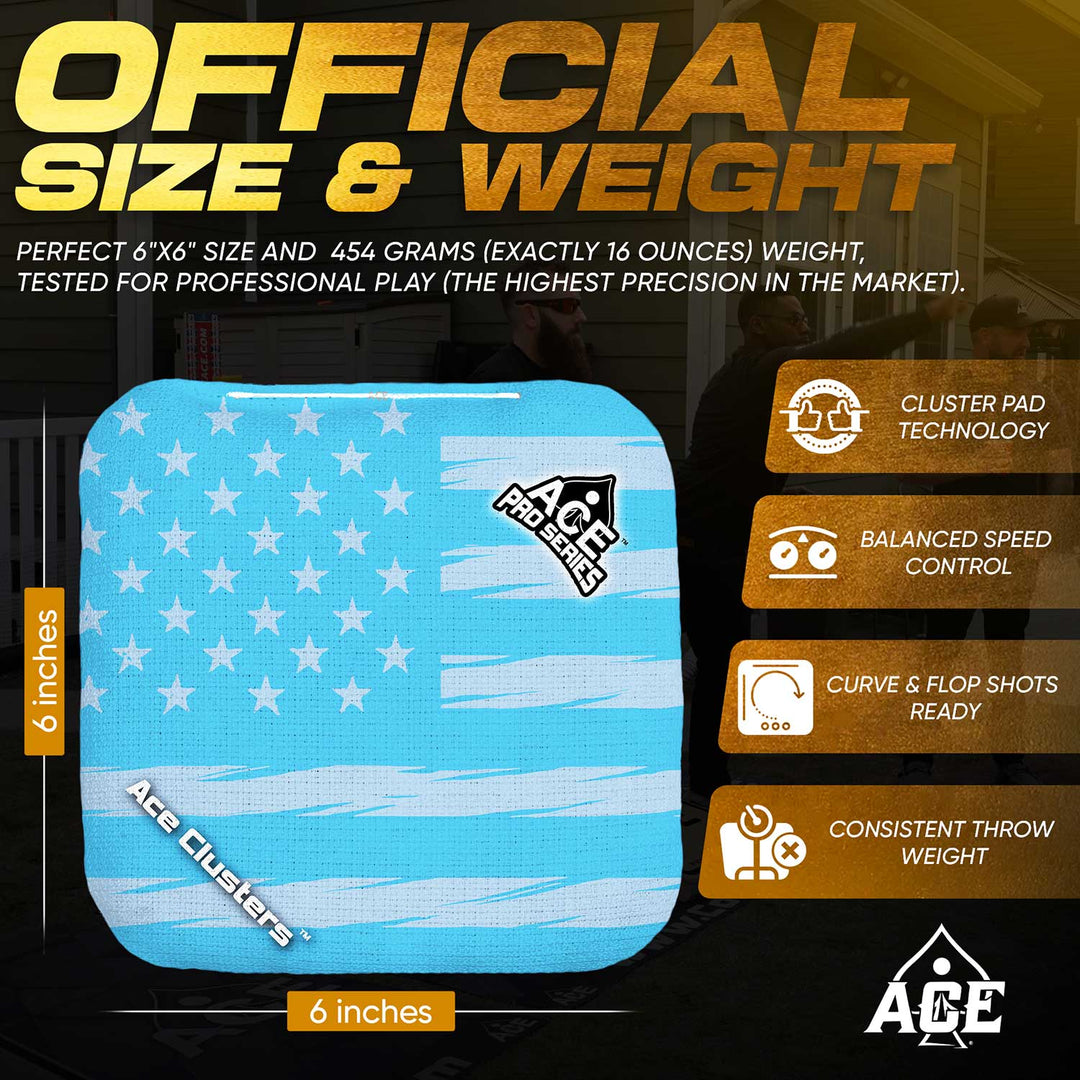 ACE Clusters Light Blue USA Flag ACE Pro cornhole bags complete kit layout with matching accessories