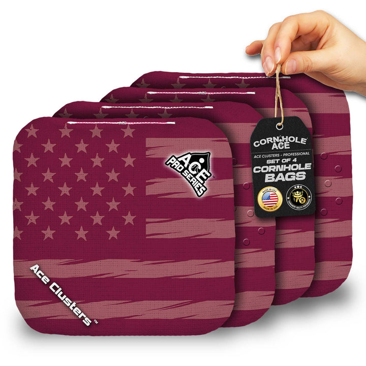 ACE Clusters Maroon USA Flag ACE Pro cornhole bags set of four with bold front graphics