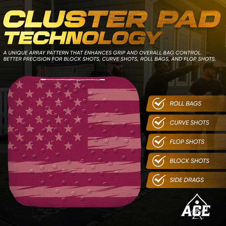 ACE Clusters Maroon USA Flag ACE Pro cornhole bags angled stack showing fabric texture